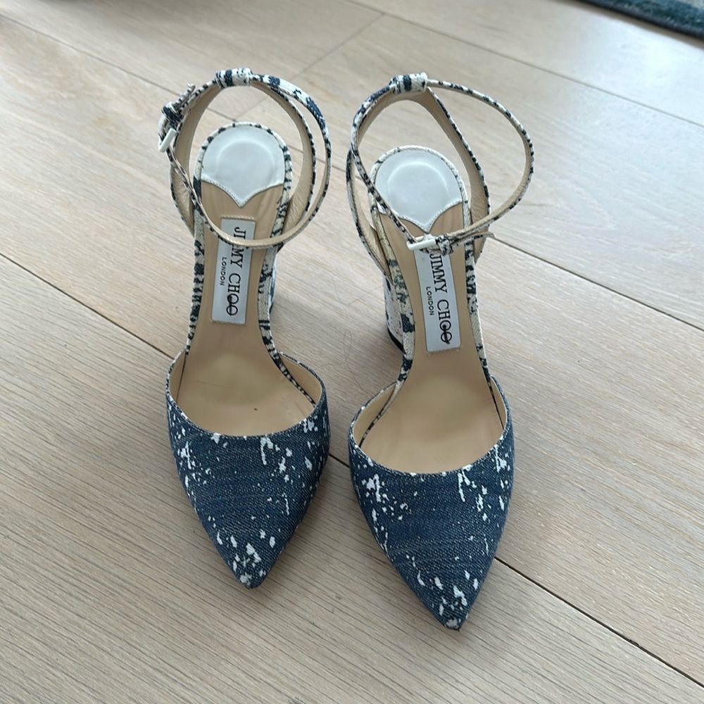 Jimmy Choo blue and white denim pumps